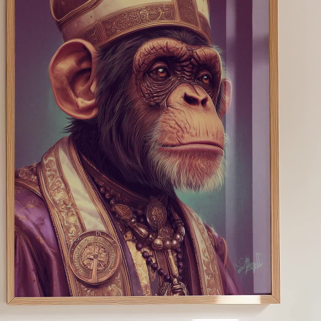 Monkey Bishop Canvas Print - Surreal Chimp Pope Art, Purple